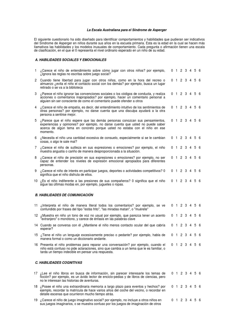 Escala Australiana para El Síndrome de Asperger | PDF | Síndrome de ...