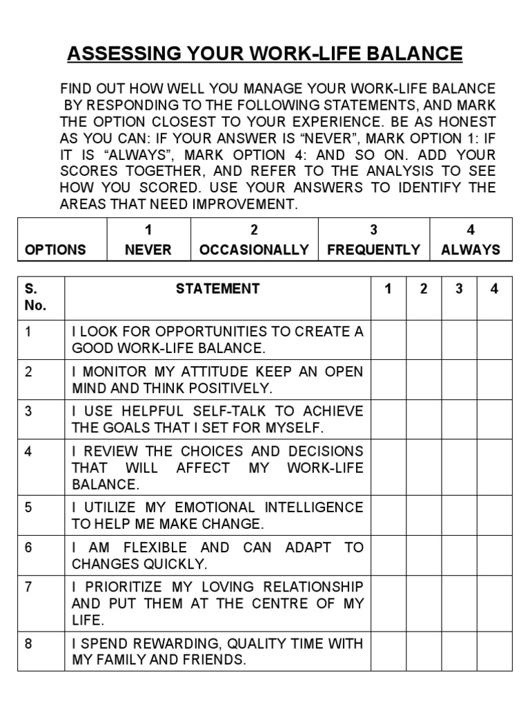 Work-Life Balance Assessment Tool | PDF | Attitude (Psychology) | Human ...