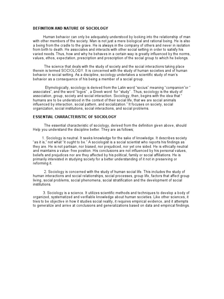 DEFINITION AND NATURE OF SOCIOLOGY Intro | PDF | Sociology | Social Group