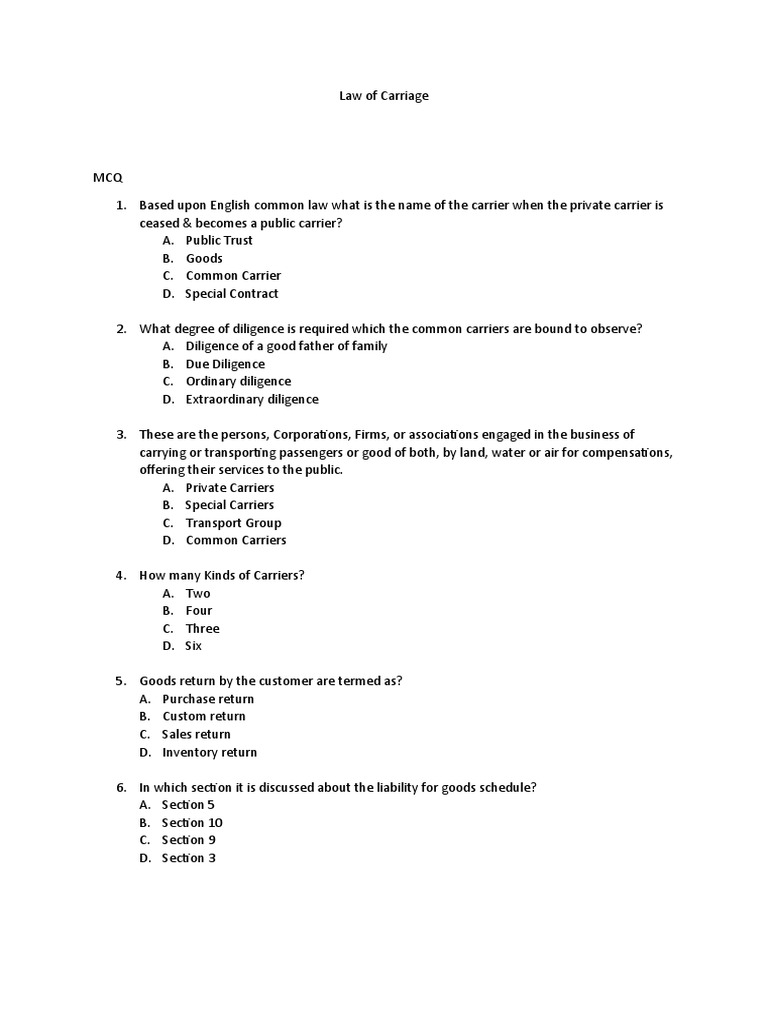 Law of Carriage Internal Exam PDF Common Carrier Private Law