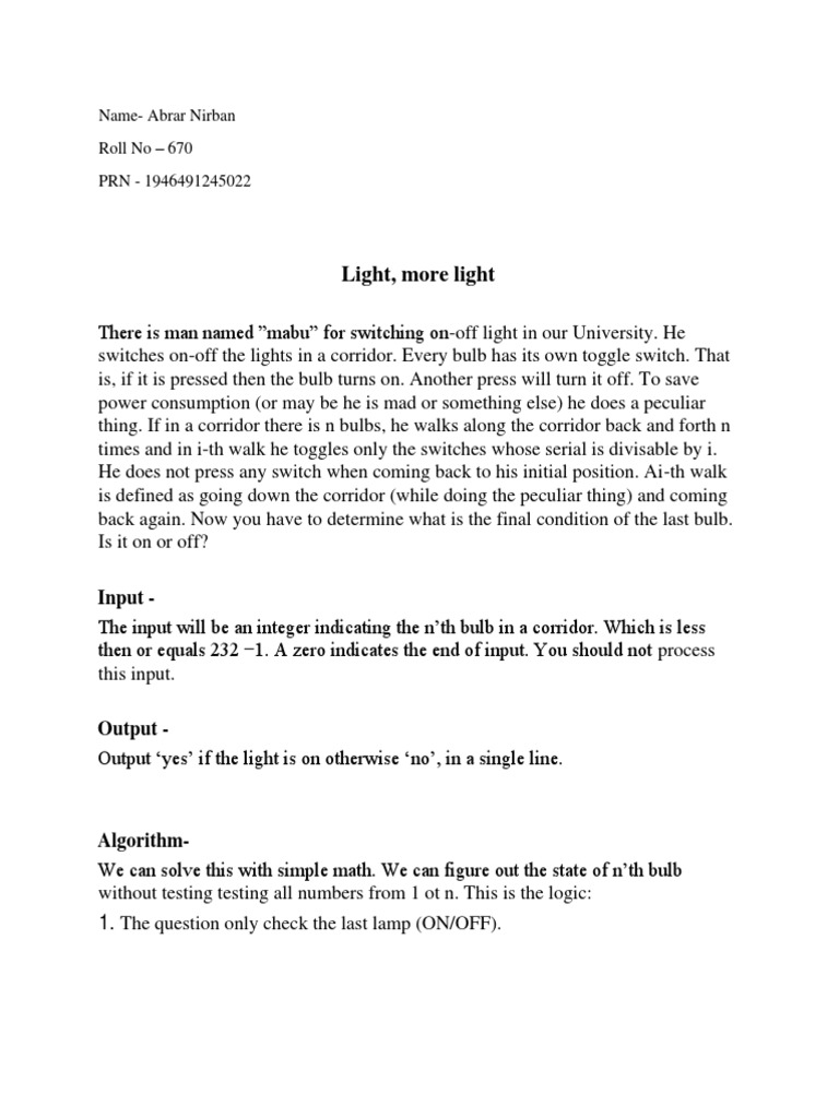 Bulb Toggle Problem Solution | PDF