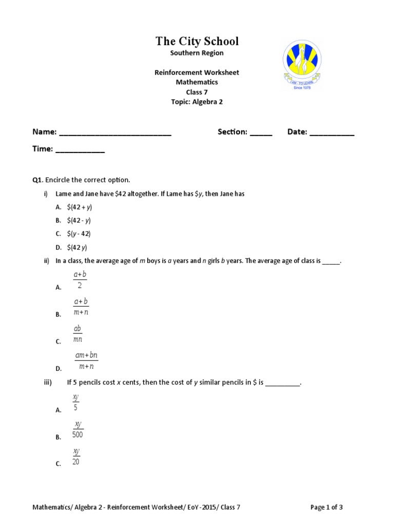 Class 7 Algebra 2 Reinforcement Worksheet | PDF | Mathematics ...