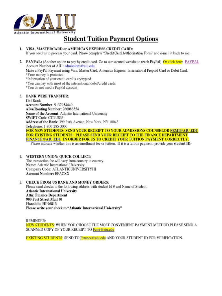 AIU Tuition Payment Methods Guide | PDF | Credit Card | Debit Card