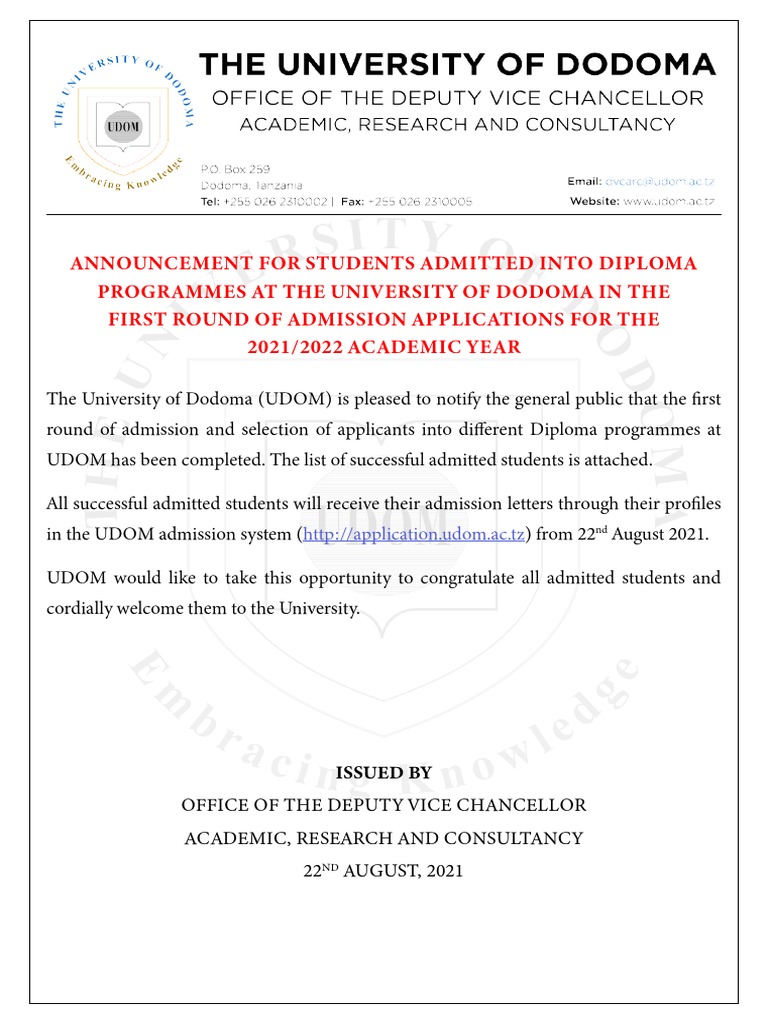 UDOM Diploma Admission Announcement 2021 | PDF