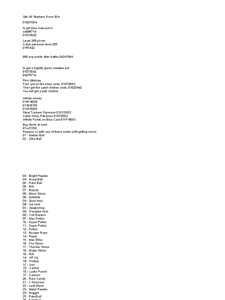 Cheat Code PKM Crystal | PDF | Pokémon