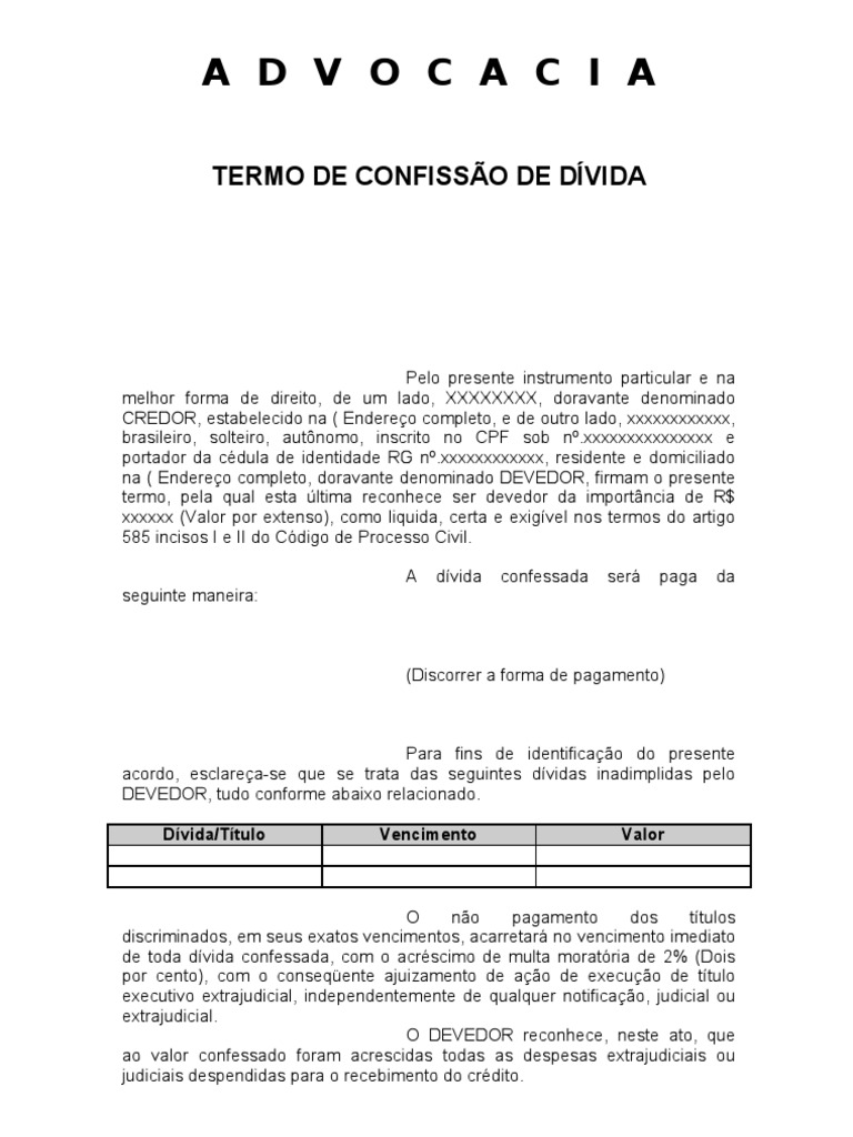 Modelo de Termo de confissão de Dívida