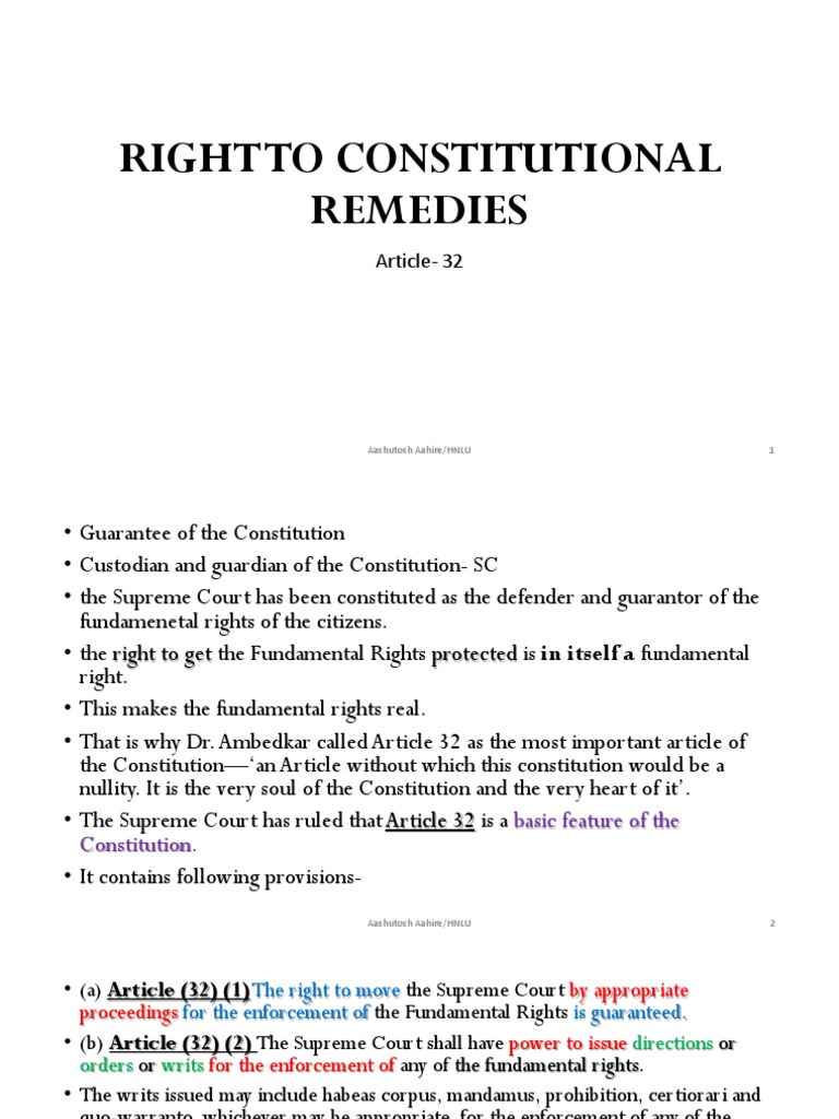 Right To Constitutional Remedies For Enforcement Of Fundamental Rights