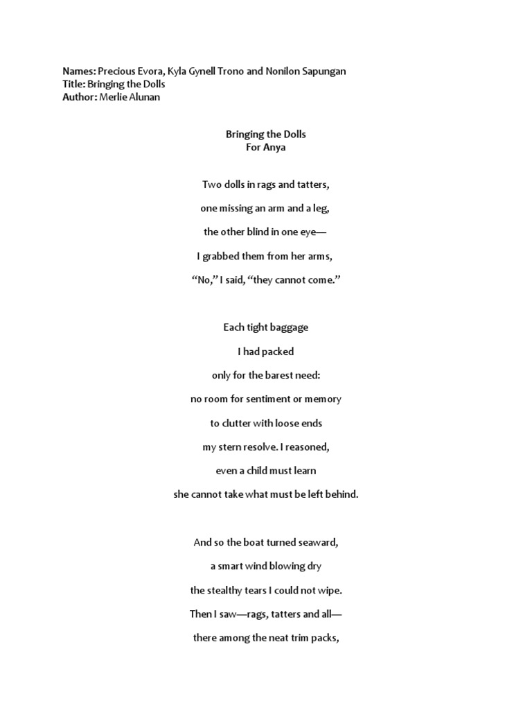 BringingtheDolls Poem Analysis PDF Grief Poetry