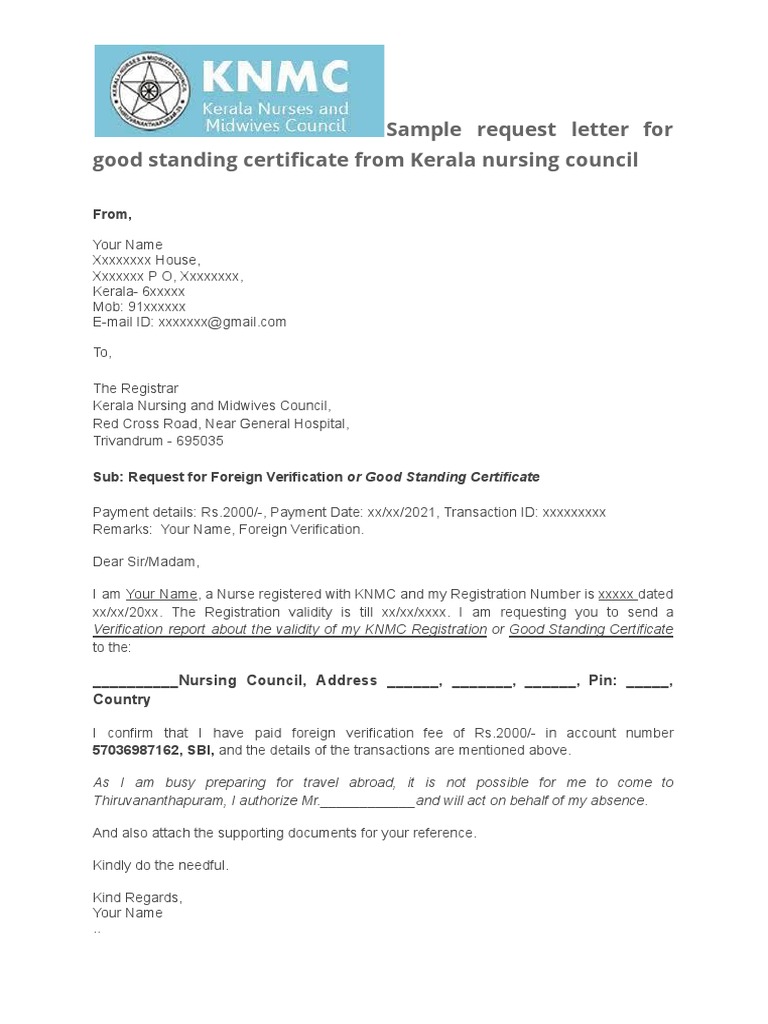 Sample Request Letter For Good Standing Certificate From Kerala Nursing