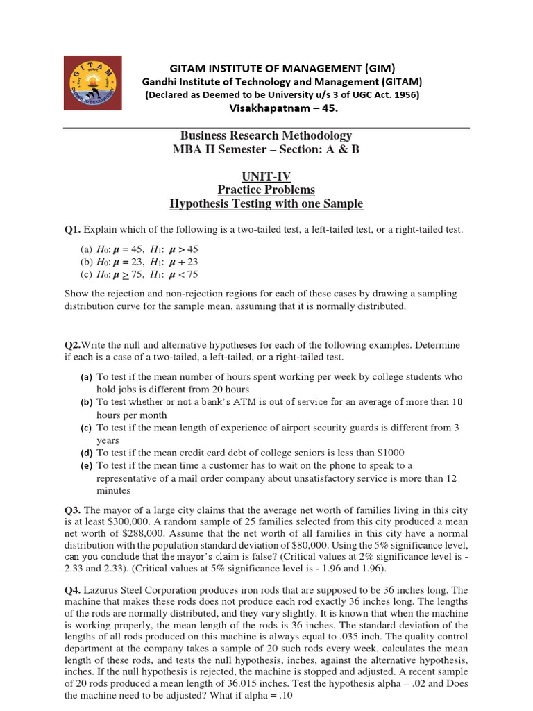 5.practice Problems On Hypotheses Testing-One Sample | PDF ...