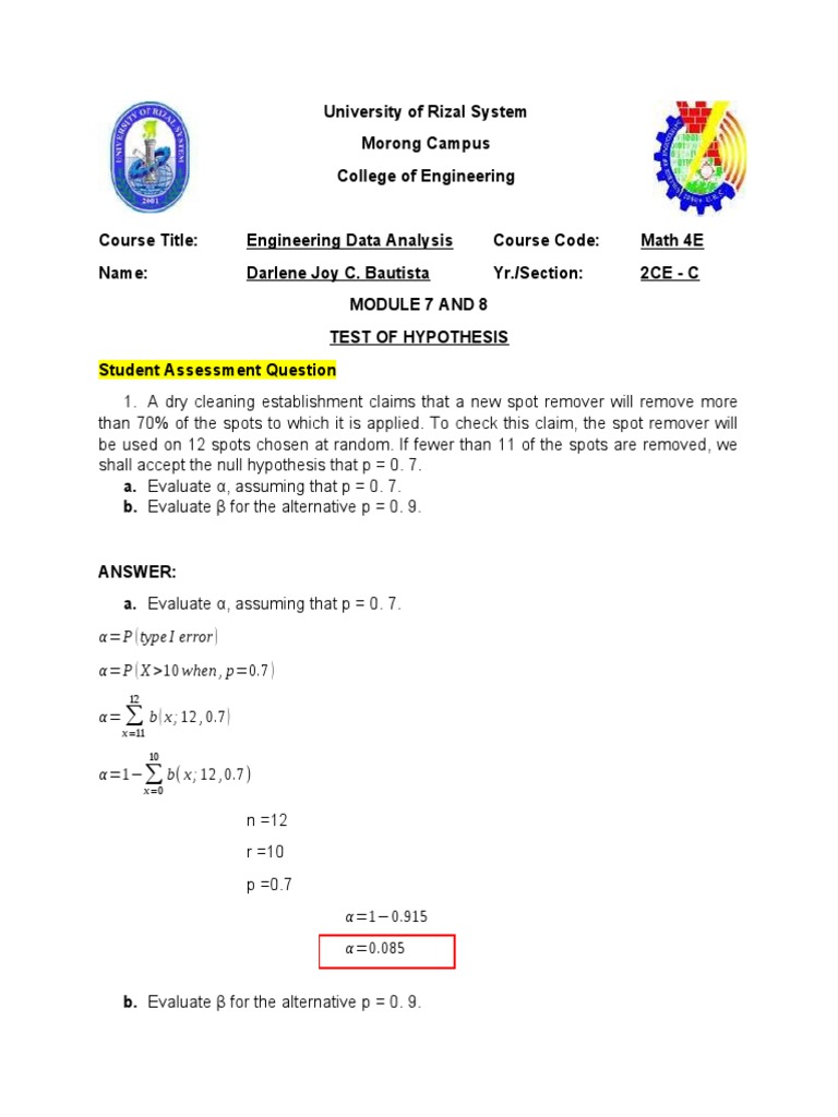 Test of Hypothesis in Engineering Analysis | PDF | Statistics ...