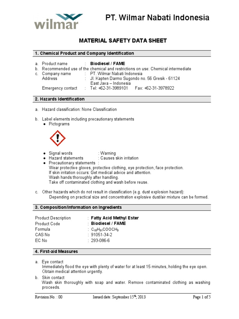Safety Data Sheet for Biodiesel Physical and Chemical Properties, Hazards Identification
