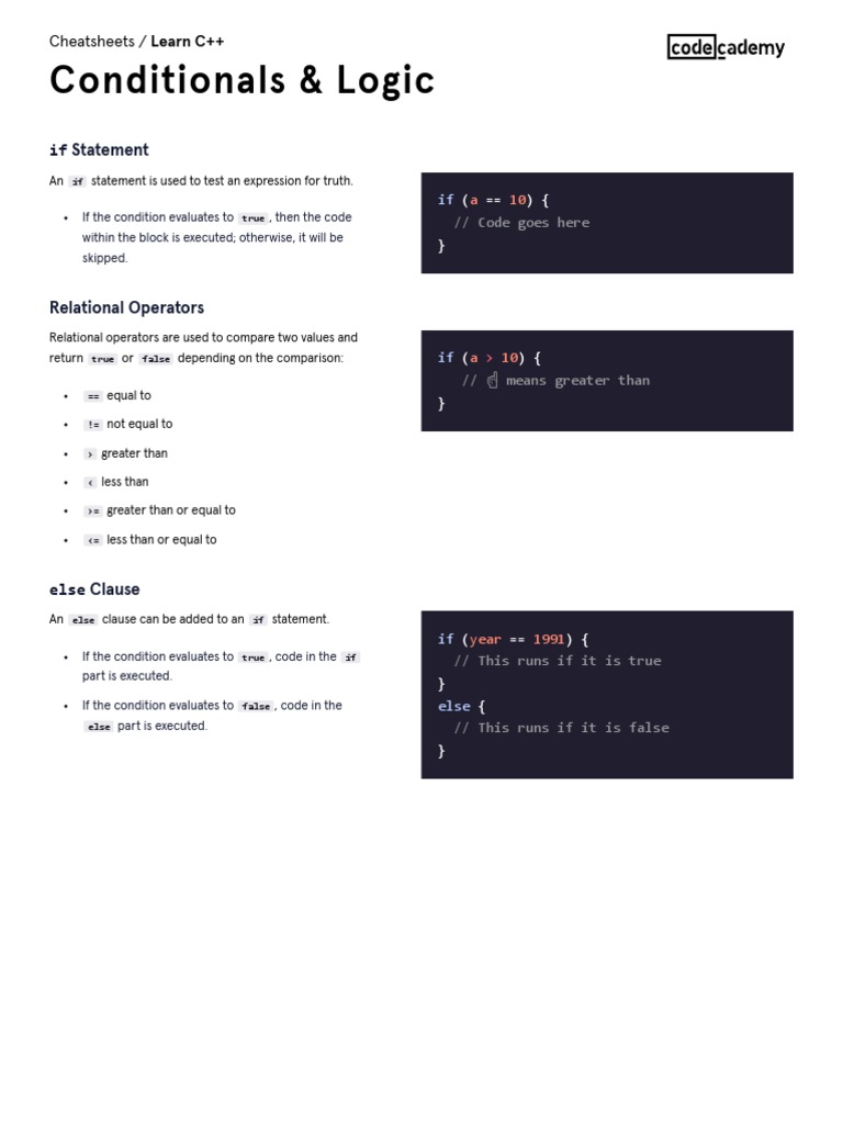 Learn C++ - Conditionals & Logic Cheatsheet - Codecademy | PDF ...
