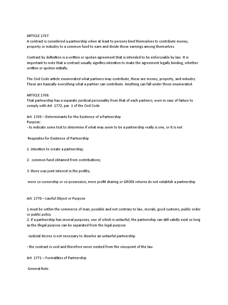 Article 1767 1867 Summary Pdf Partnership Law Of Agency