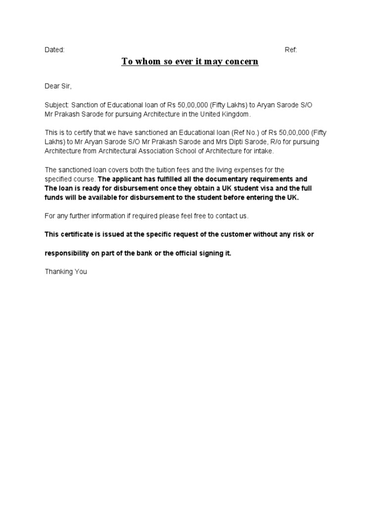 Loan Certificate Format PDF