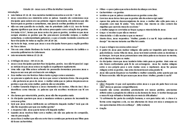 Estudo 18 Jesus Cura A Filha Da Mulher Cananéia | PDF | Jesus | Fé