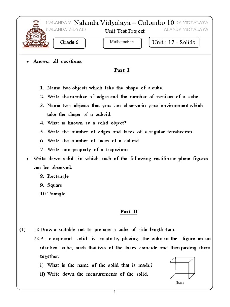 Unit Test Papers Nalanda College Papers