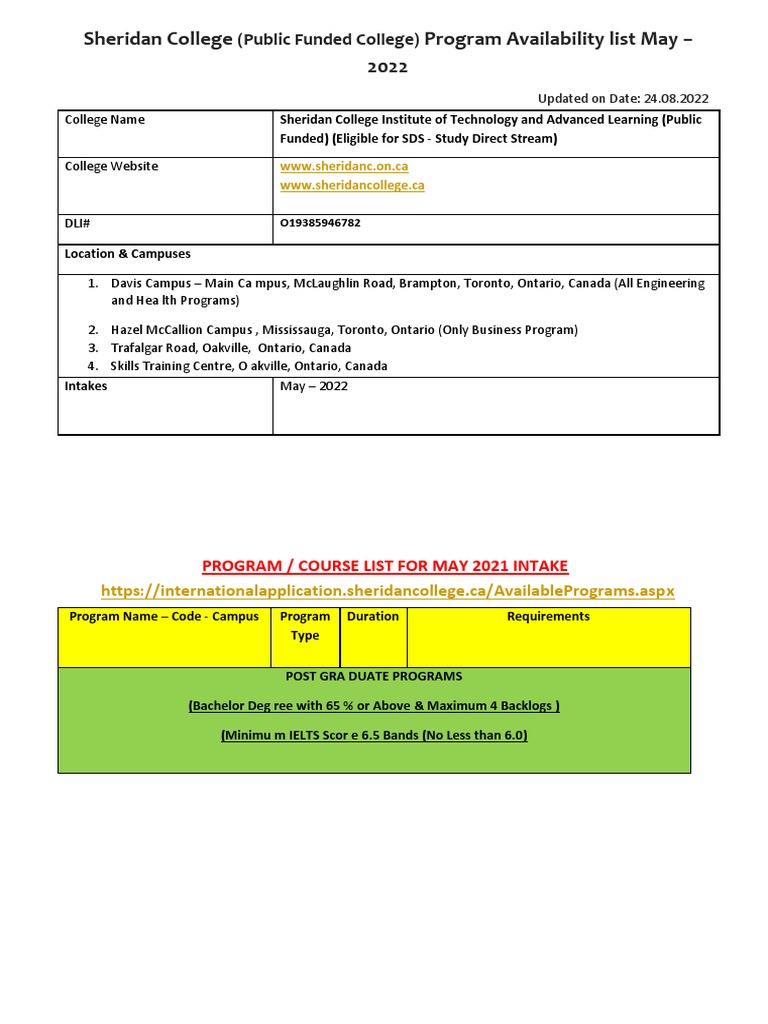 Sheridan College Program Availability List For MAY - 2022 Intake | PDF ...