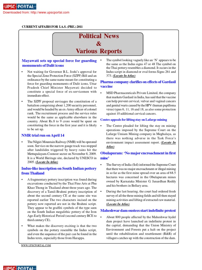 Political News & Various Reports: Current Affairs For I.A.S. (Pre ...