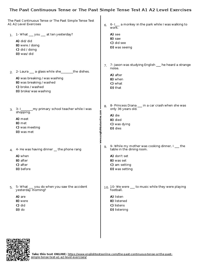 The Past Continuous Tense or The Past Simple Tense Test A1 A2 Level ...