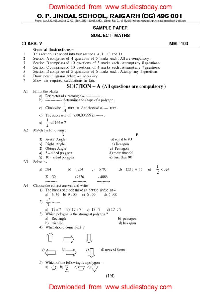 Class 5 Maths SA1 Sample Paper | PDF | Elementary Geometry | Geometry