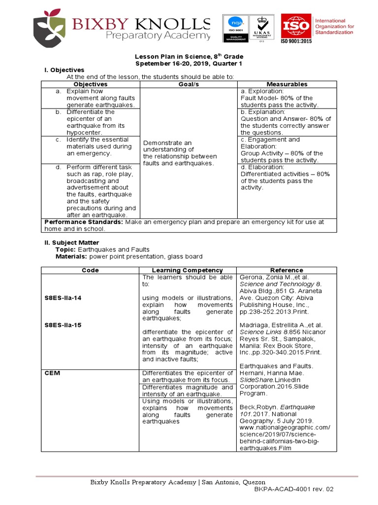 8th Grade Earthquake Lesson Plan | PDF | Earthquakes | Tsunami