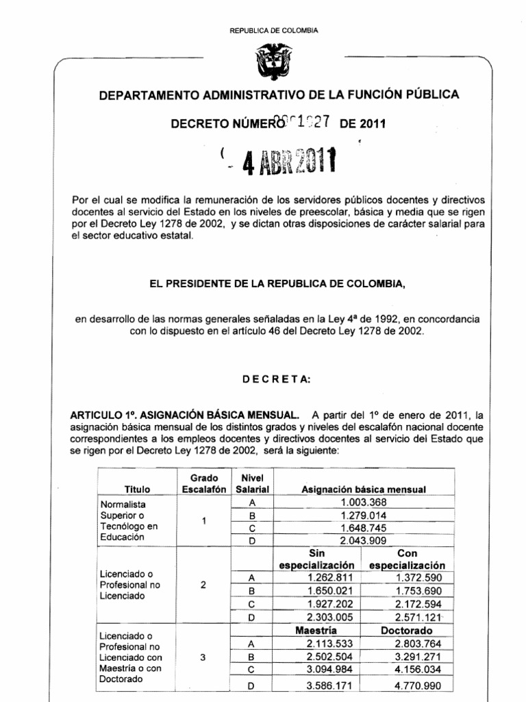 Tabla Salarios 2011 - Decreto 1278 de 2002 - Vigencia | PDF | Salario |  Devengo