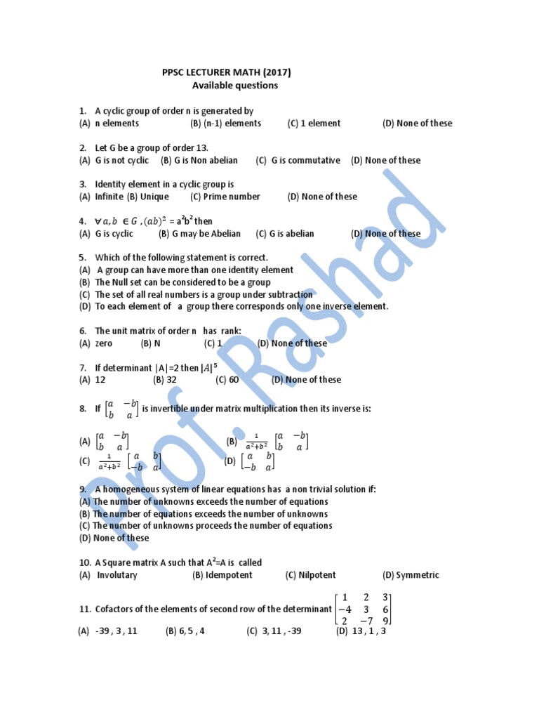 PPSC Lecturer Mathematics Questions | PDF | Group (Mathematics ...