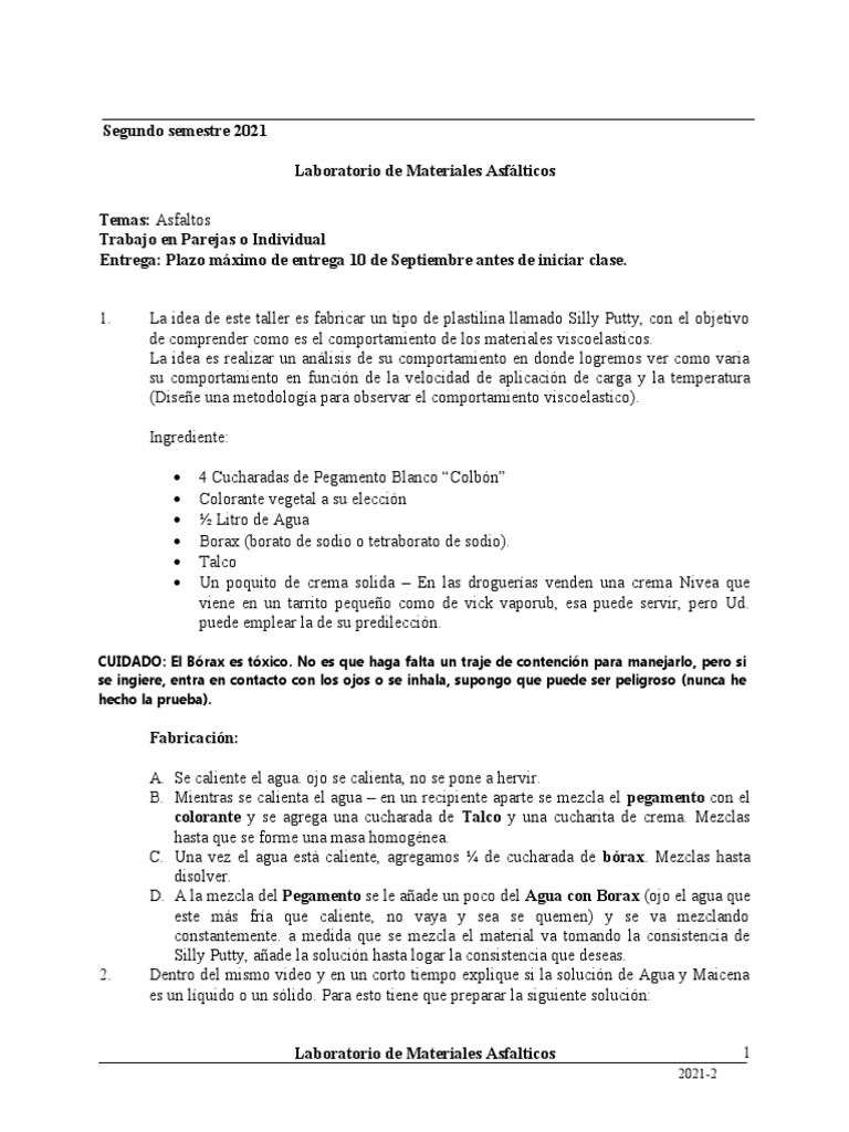 Tarea 1 Platilina Silly Putty PDF Materiales Química
