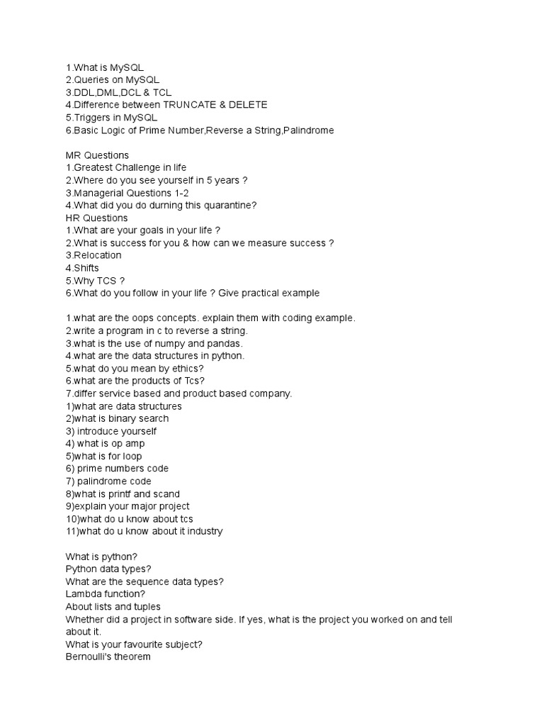 TCS Python Interview Questions Guide | PDF | Java (Programming Language ...