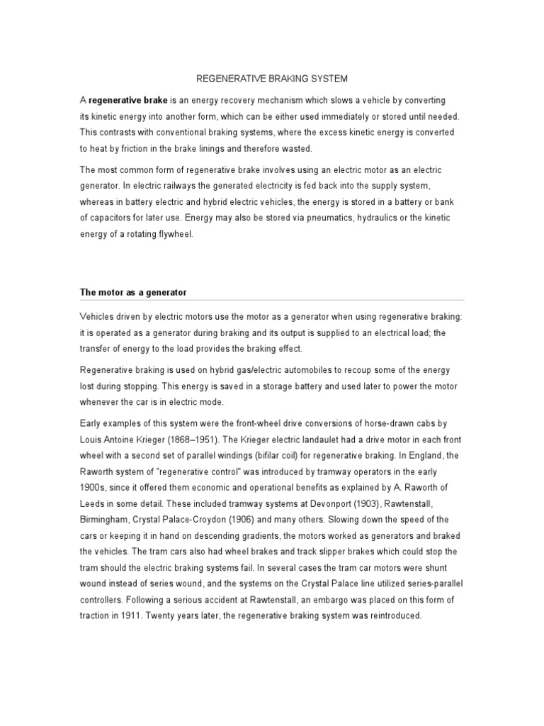 Regenerative Braking System Overview | PDF | Brake | Electric Motor