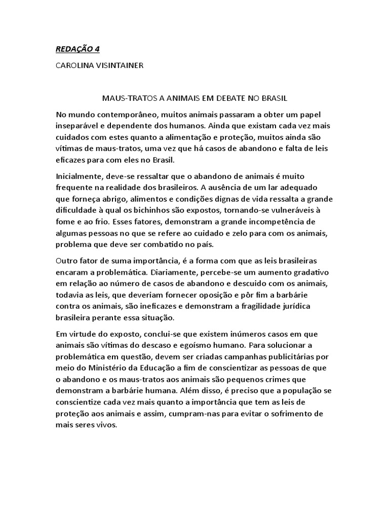 REDAÇÃO 4 - Maus-Tratos Aos Animais em Debate No Brasil | PDF