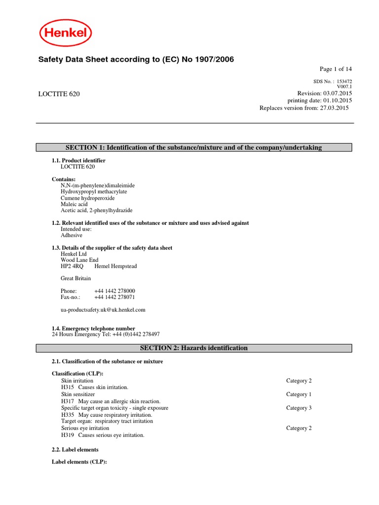 Safety Data Sheet According To (EC) No 1907/2006 Loctite 620 PDF