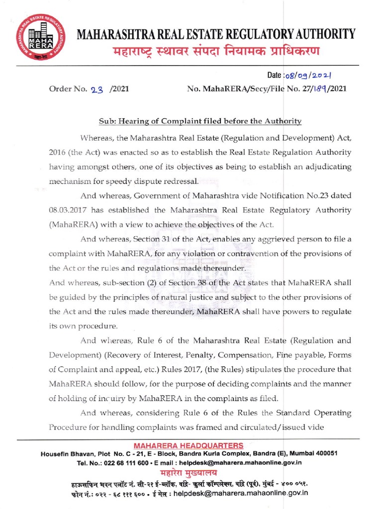 Order 23-RERA Circular On Hearing of Complaints Filed Before MAHARERA ...
