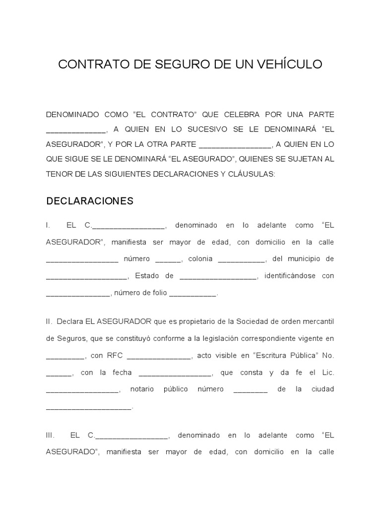 Formato Del Contrato de Seguro de Un Vehículo | PDF | Póliza de seguros