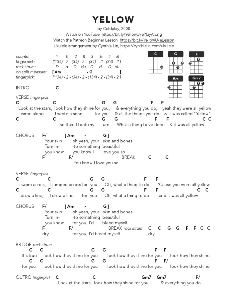 YELLOW Ukulele Chord Chart PDF Song Structure Song Recordings
