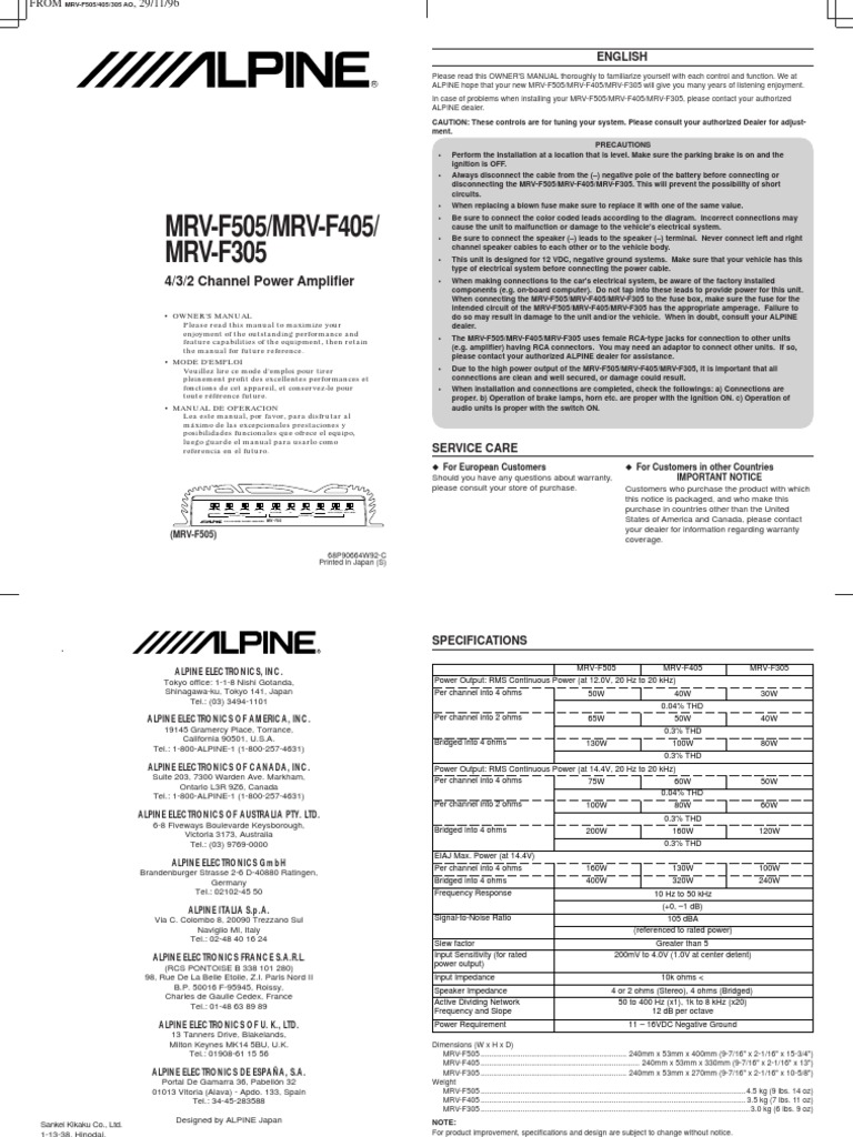 Alpine MRV-F505 Owner's Manual | PDF | Decibel | Fuse (Electrical)