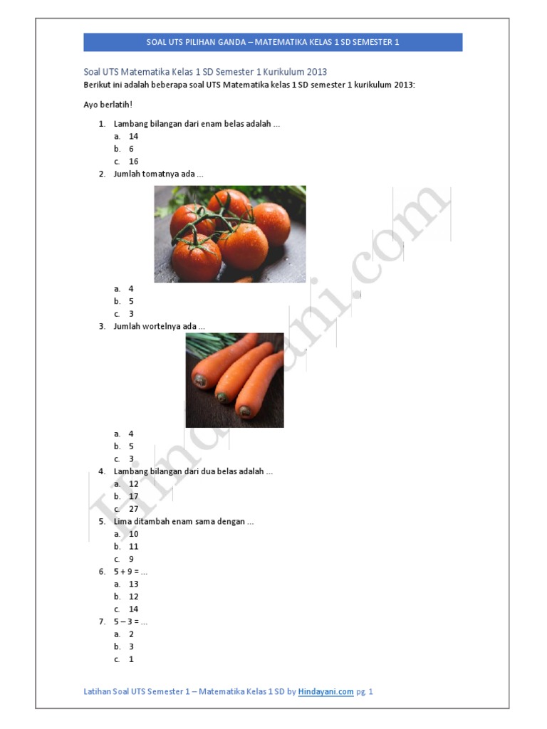 Kelas 1 Sd Matematika Semester 1 Soal Uts By Hindayani Pdf