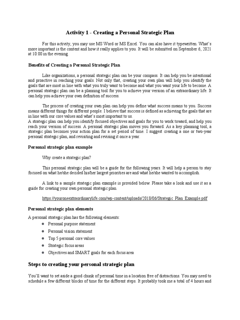 Creating Your Personal Strategic Plan | PDF | Goal | Strategic Planning