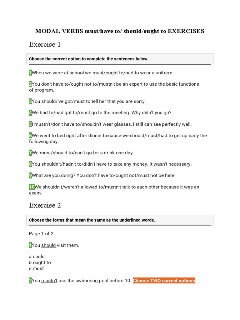 Modal Verbs Must Have To Should Ought To Exercises Pdf Linguistics Grammar