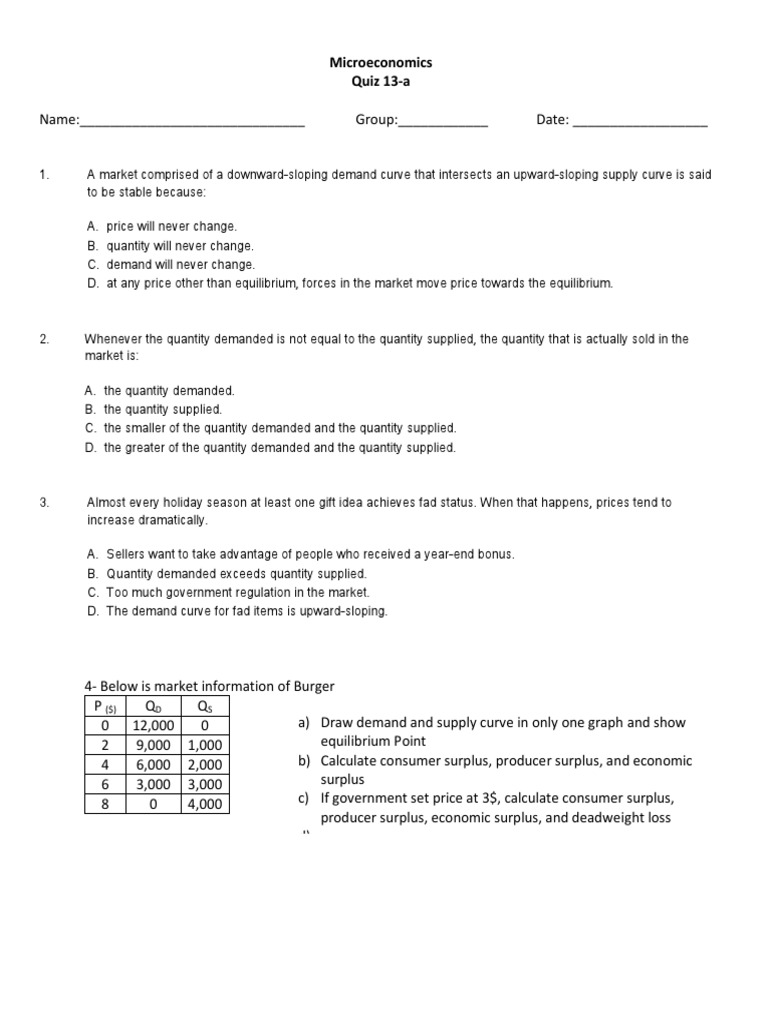 Microeconomics Quiz with Answers and Graphical Analysis of Market Equilibrium for Burgers PDF