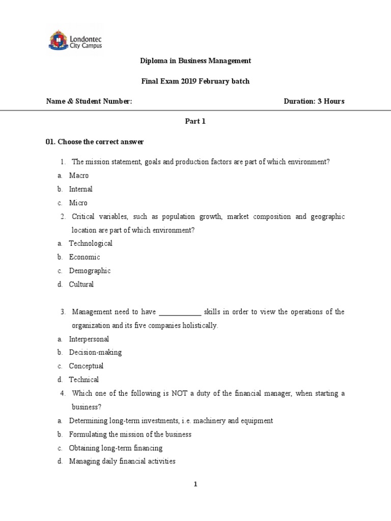 Diploma in Business Management Paper PDF Strategic Planning Marketing