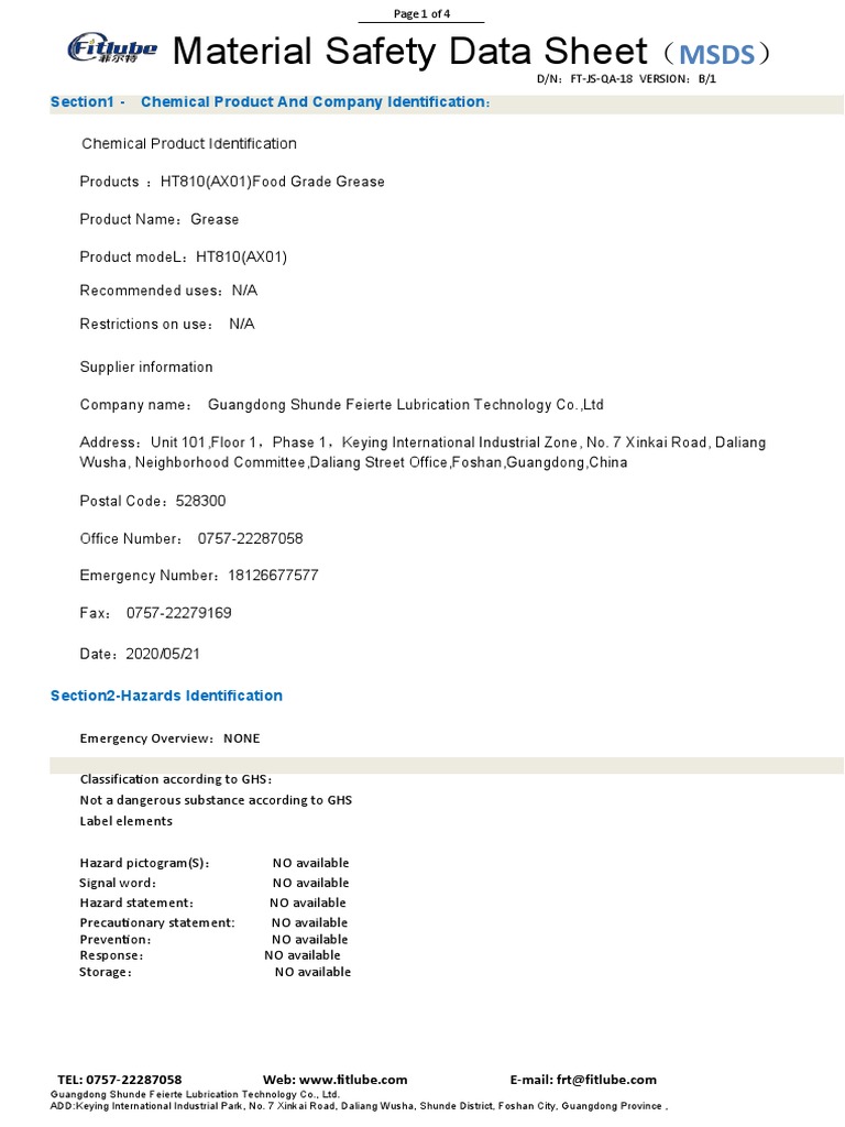 HT810 (AX01) Food Grade Grease MSDS PDF Dangerous Goods