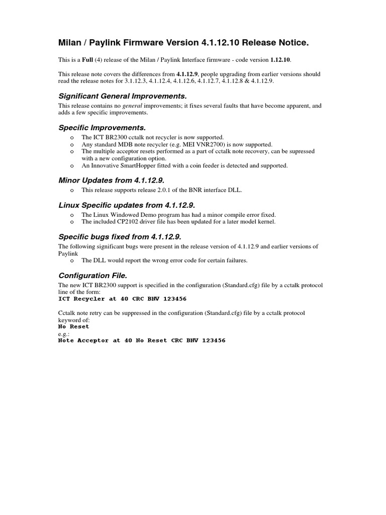 Milan / Paylink Firmware Version 4.1.12.10 Release Notice.: Significant ...