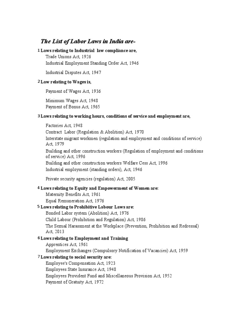 List of Labour Laws in India | PDF | Labour Law | Employment