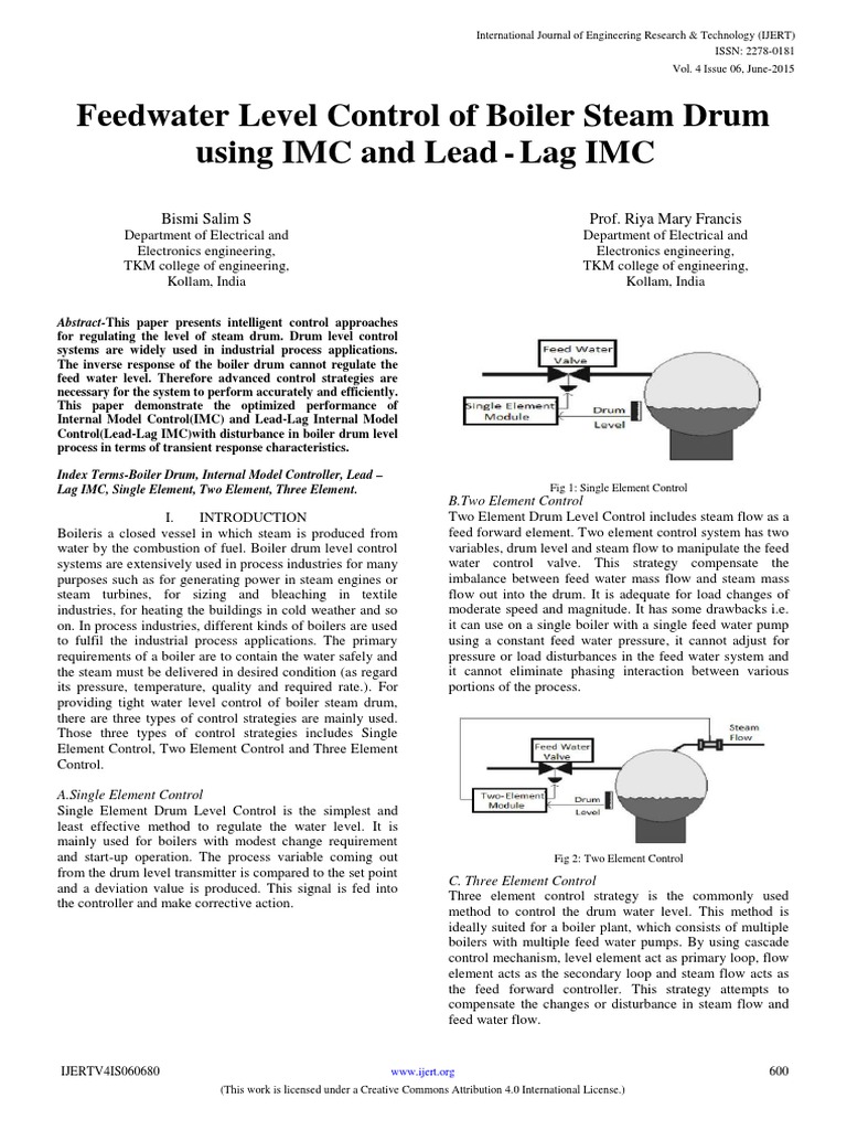 Feedwater Level Control of Boiler Steam Drum Using Imc and Lead Lag Imc IJERTV4IS060680 PDF