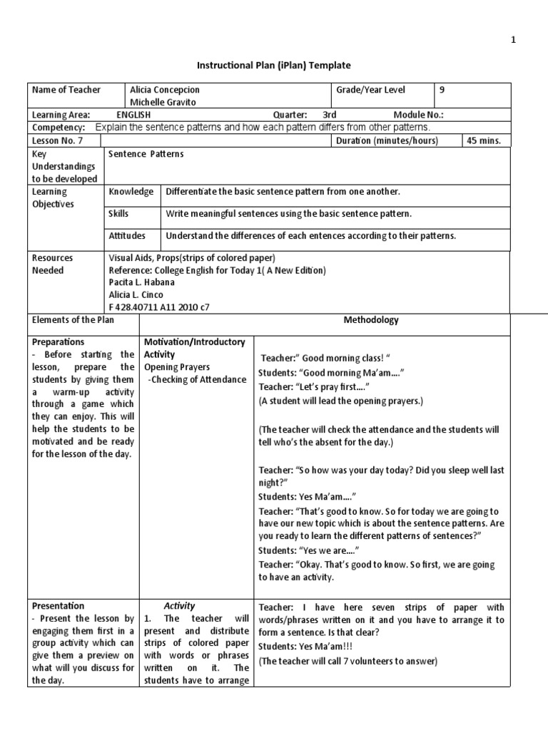 iPlan Template for English Lesson 9 | PDF | Verb | Subject (Grammar)
