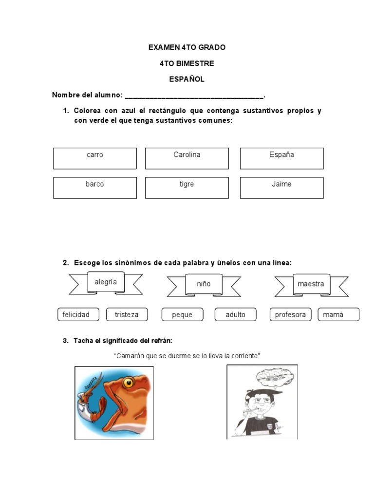 Examen de Español 4to Grado Primaria | PDF | Artes del Lenguaje y ...