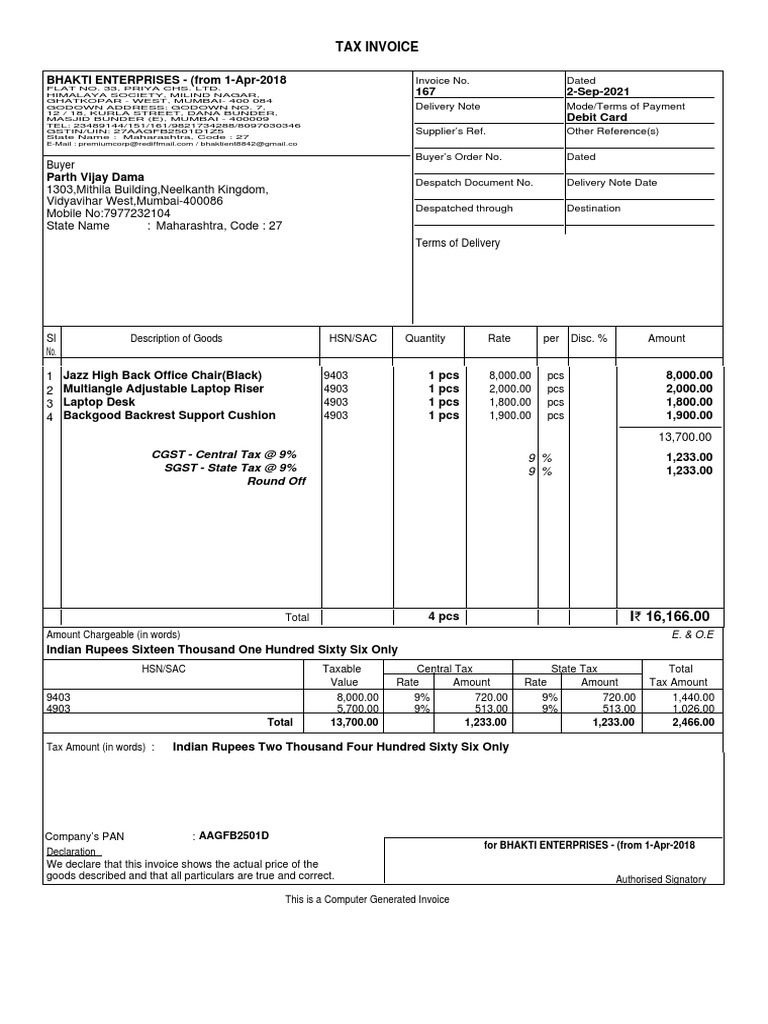 Office Supplies Tax Invoice Parth Vijay Dama PDF Personal
