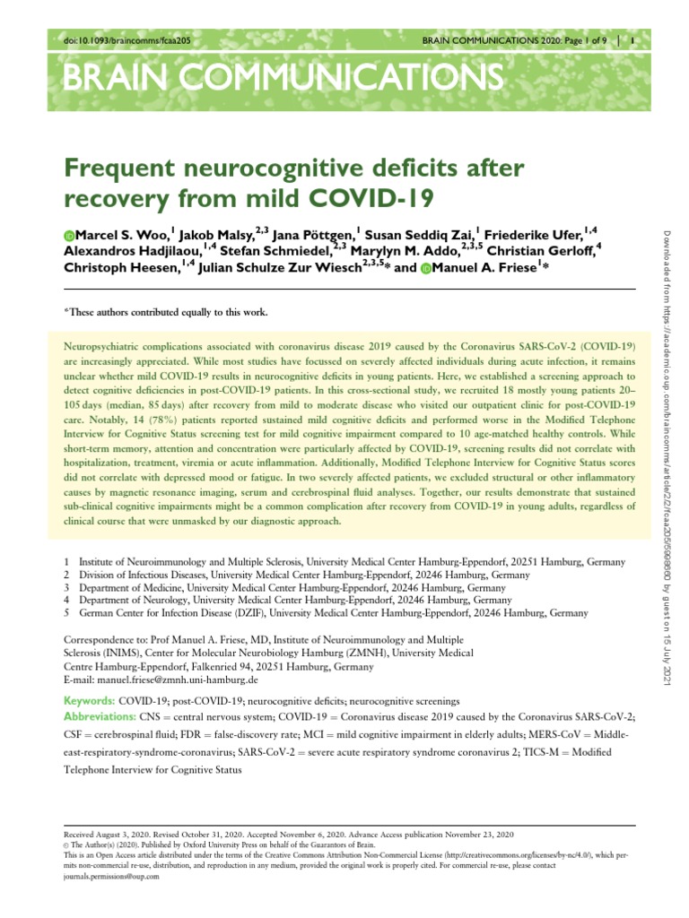 Neurocognitive Deficits Post Mild COVID-19 | PDF | Neurology | Major ...